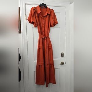 Amazon Orange Buttoned Tie Front Puff Sleeve Dress